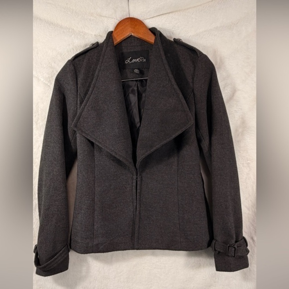 Love21 Charcoal Gray Draped Open Front Jacket Women’s Small so super soft blazer